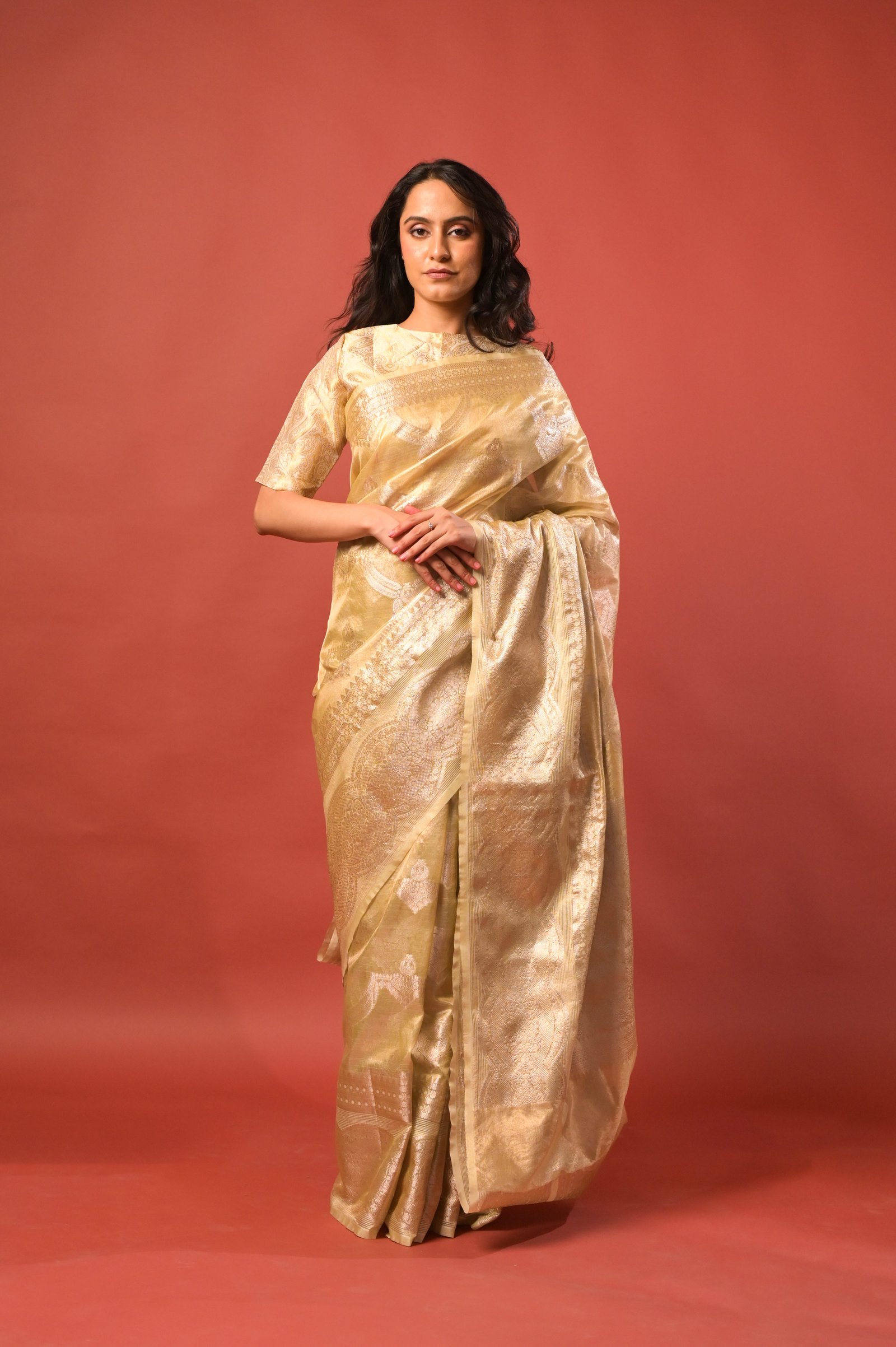 Golden Zari Necklace Jaal  luxury Banarasi Handloom Tissue Silk Saree With Brocade Blouse